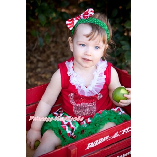 Xmas Red Baby Pettitop with Sparkle Crystal Bling Red Minnie Print with White Chiffon Lacing with Red White Wave Newborn Pettiskirt NG1280 